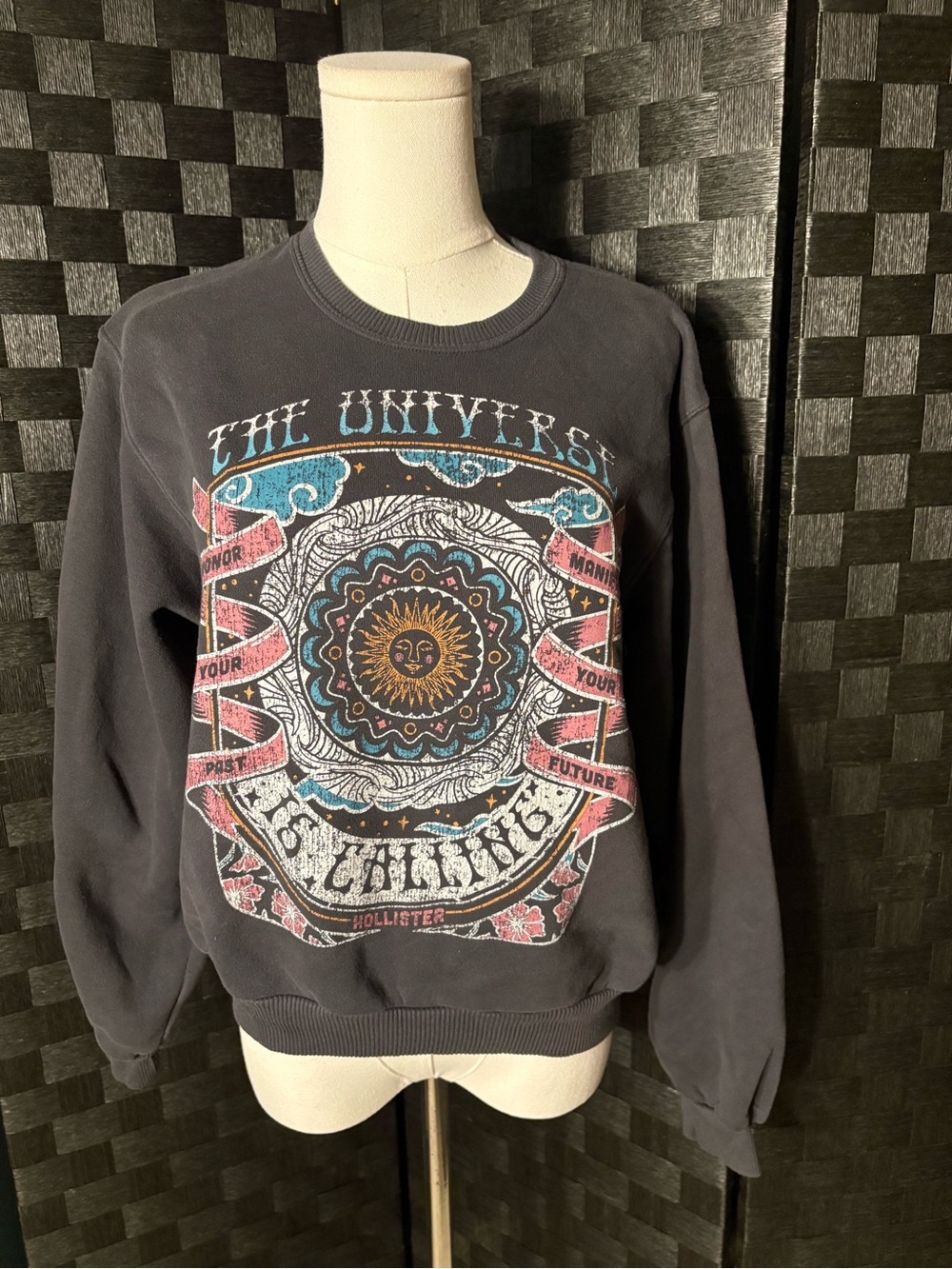 Hollister Black Crewneck Sweatshirt with Multicolor Cosmic Graphic